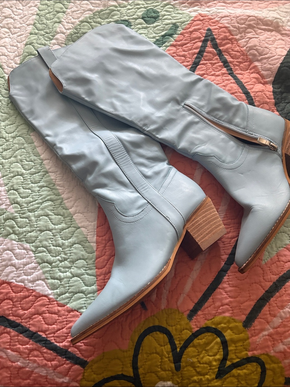Sky Blue Leather Mid-Calf Heeled Boots